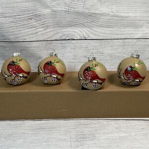 Cardinal Bird Glitter Christmas Ornaments Set 4 Glass G&B Hand Painted Tan Red